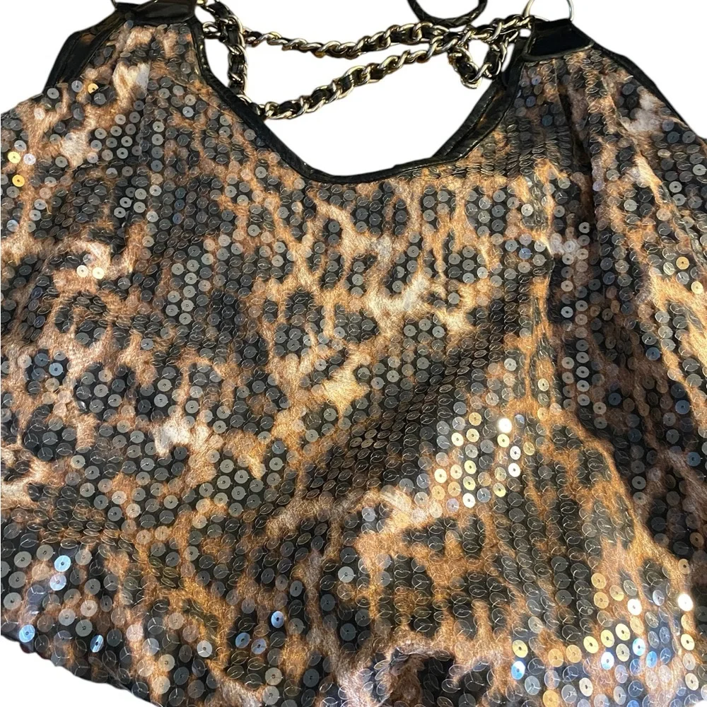 Leopard Print Women's tote XL y2k shoulder bag sequin’s side heavy chain straps - Picture 8 of 12